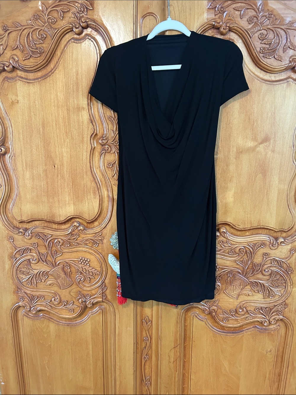Classic Black Draped Neck Short Sleeve Dress